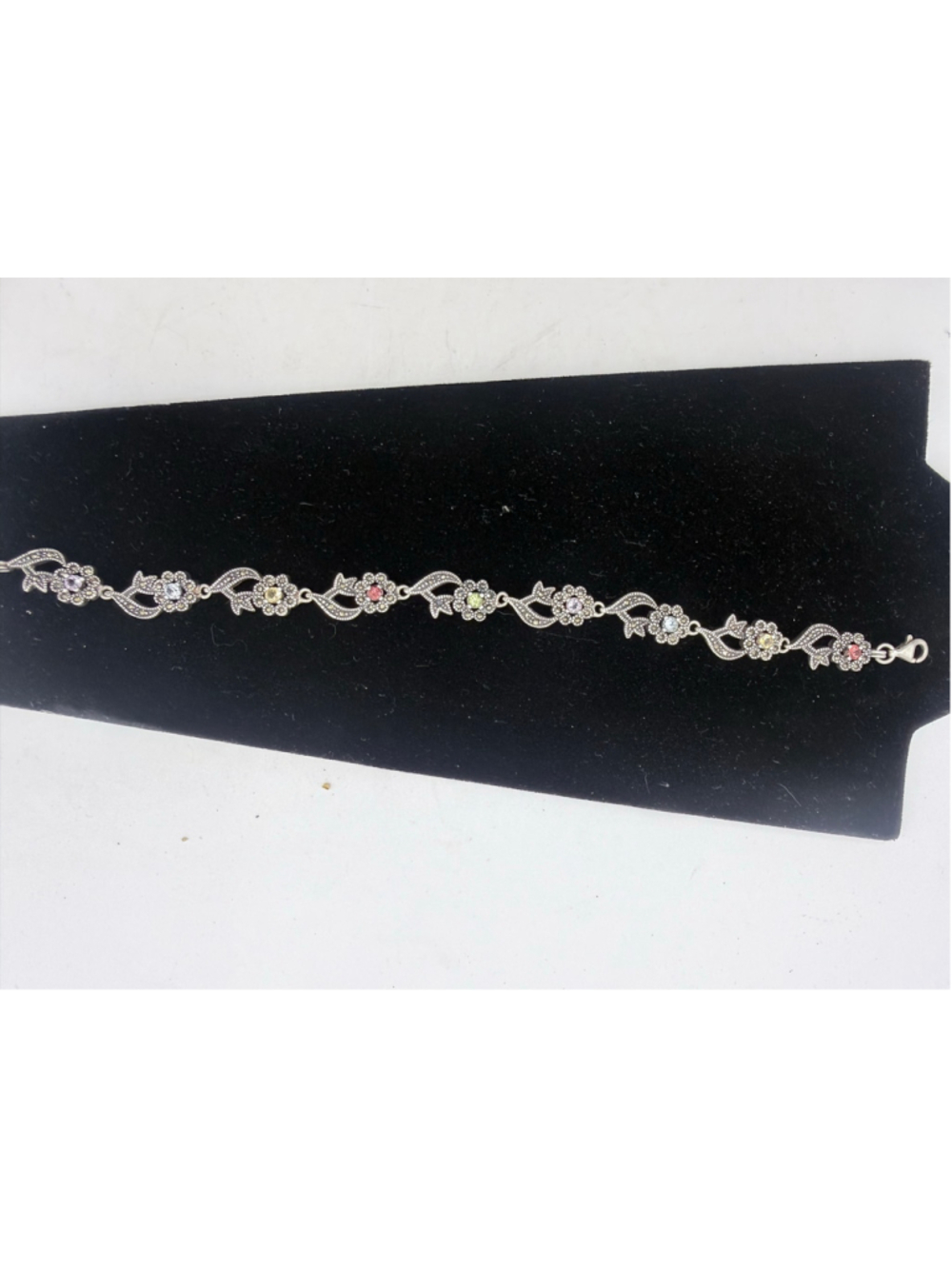 Women's Vintage Sterling Silver Multi-Gemstone Marcasite Floral Bracelet